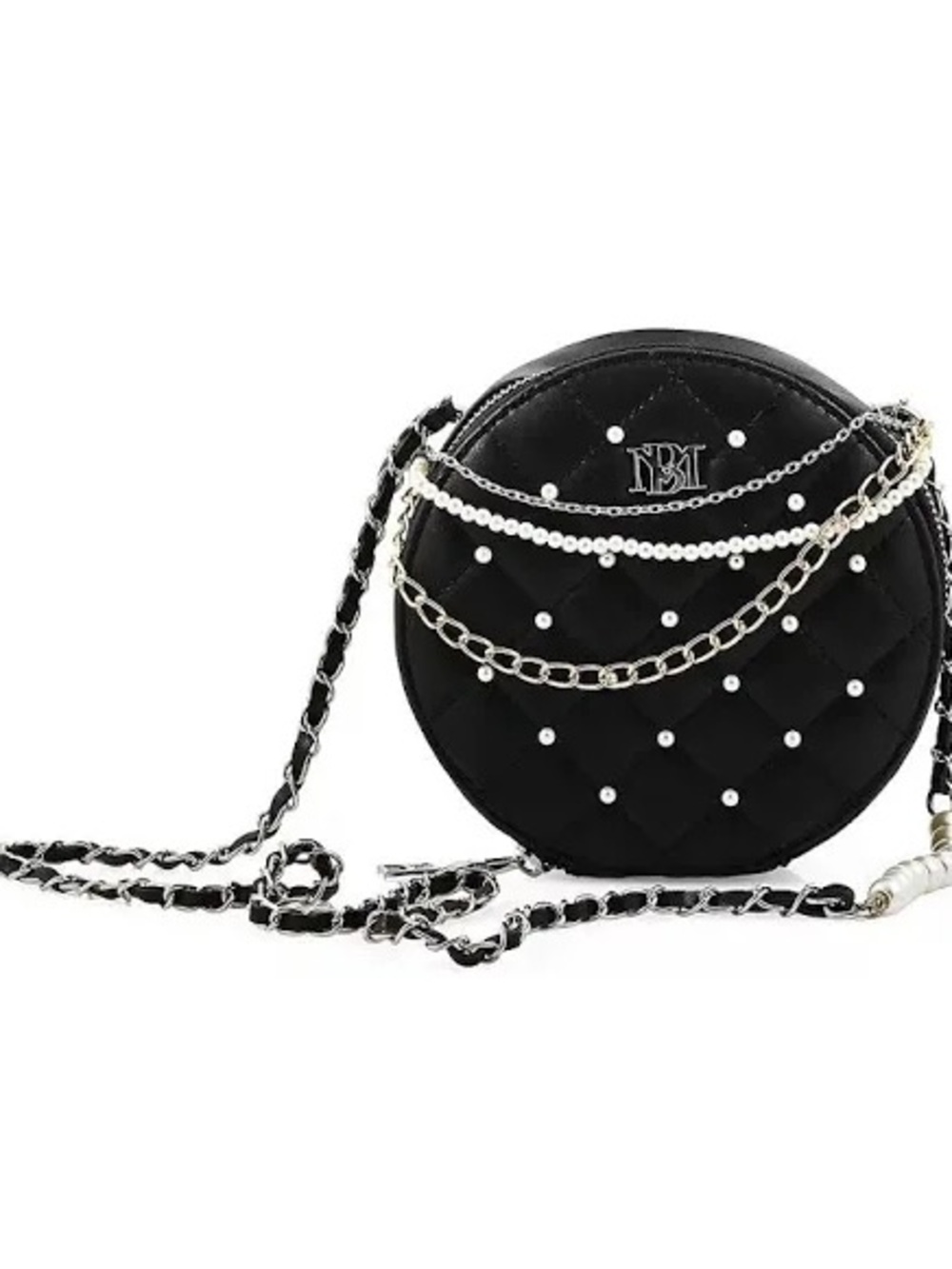 Badgley Mischka Black Quilted Round Bag with Pearl and Chain Accents